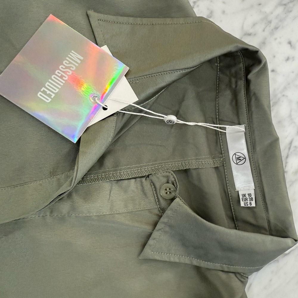 NWT Missguided Sage Green Satin Shirt Dress Short Sleeves Cuffed Midi Women's 6 - Picture 3 of 7